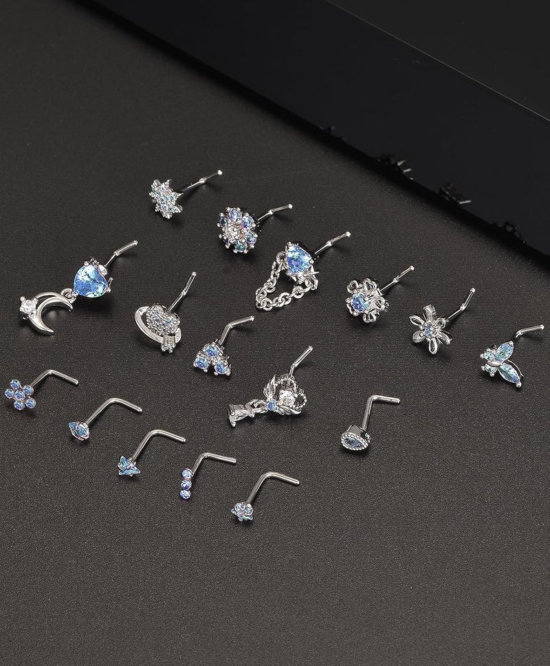 Tornito 16Pcs Nose Rings L Shaped Nose Stud Stainless Steel Butterfly Flower Leaf Heart Moon Dangle Nose Stud Ring Body Piercing Jewelry for Women Men 20G Pink Blue Clear CZ - Image 5